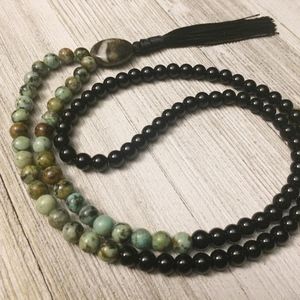 African Turquoise Bead Mala w/Onyx & Silk Tassel